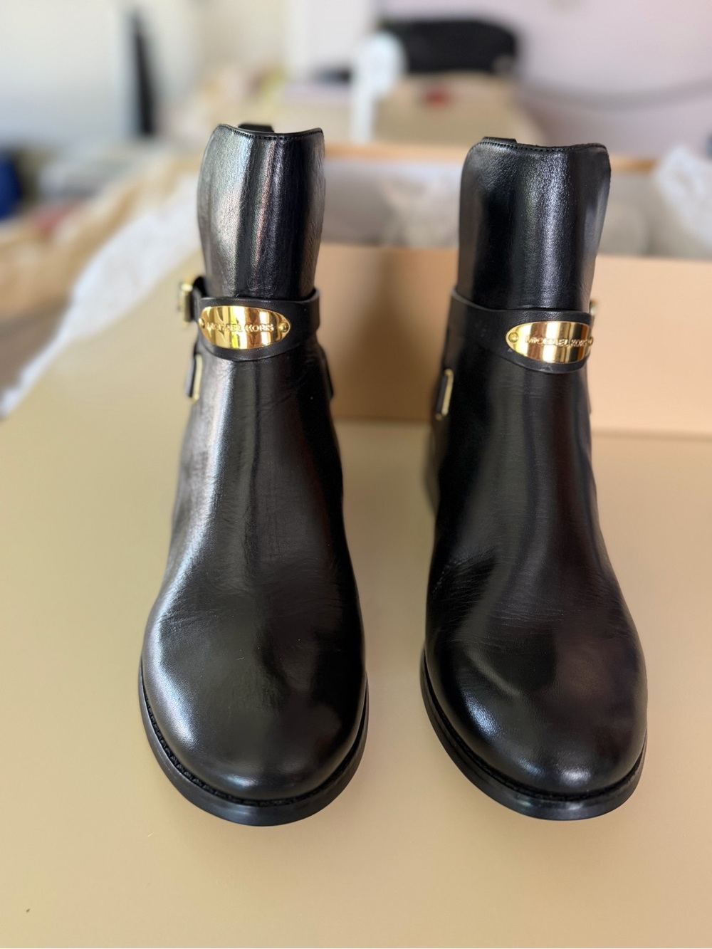 New Michael Kors Black Leather Ankle Booties with Gold